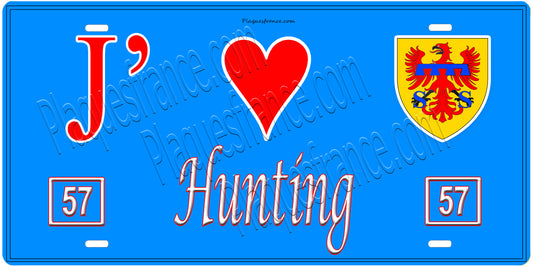 Plaque métal décorative, J'❤️ Hunting, Moselle, fond mur bleu 57