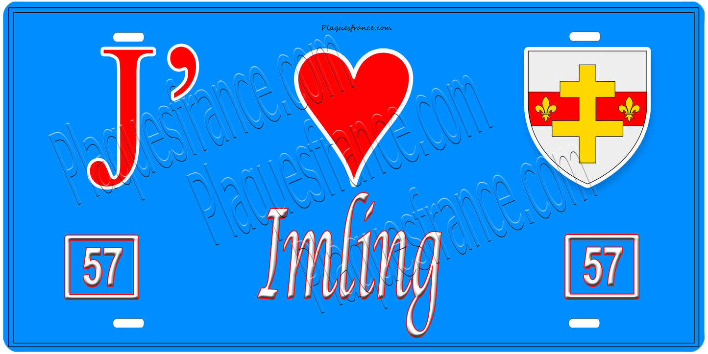 Plaque métal décorative, J'❤️Imling, Moselle, fond mur bleu 57