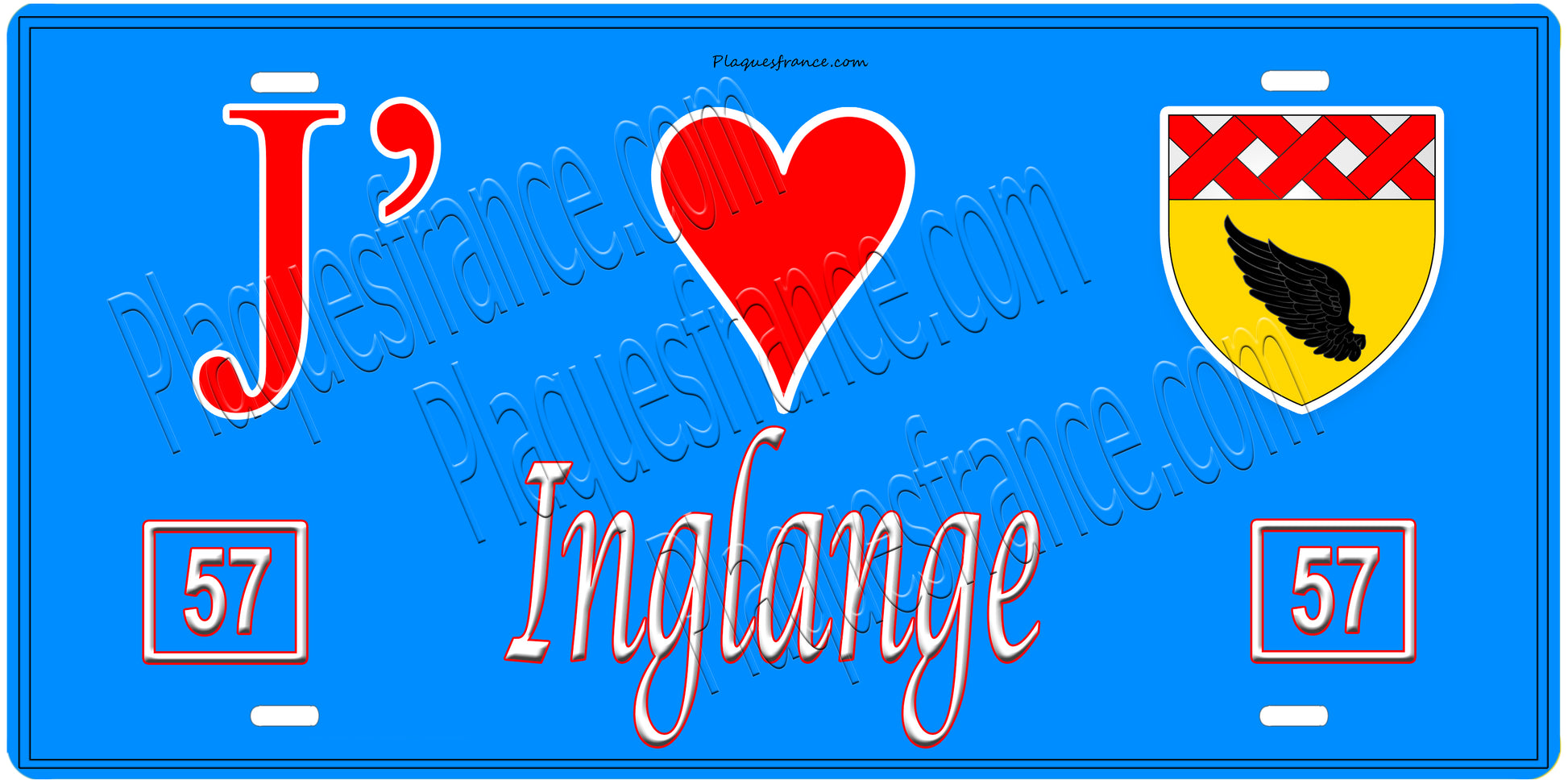Plaque métal décorative, J'❤️Inglange, Moselle, fond mur bleu 57