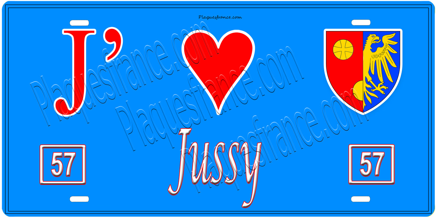 Plaque métal décorative, J'❤️ Jussy, Moselle, fond mur bleu 57