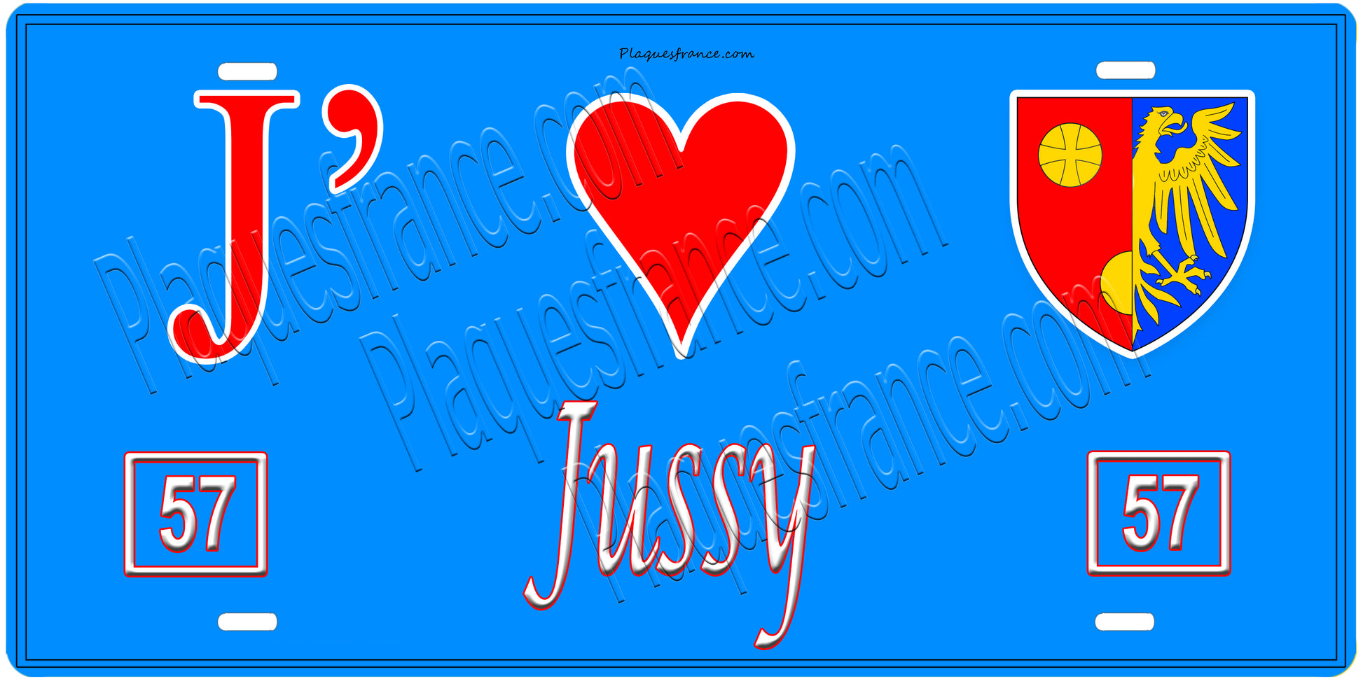 Plaque métal décorative, J'❤️ Jussy, Moselle, fond mur bleu 57