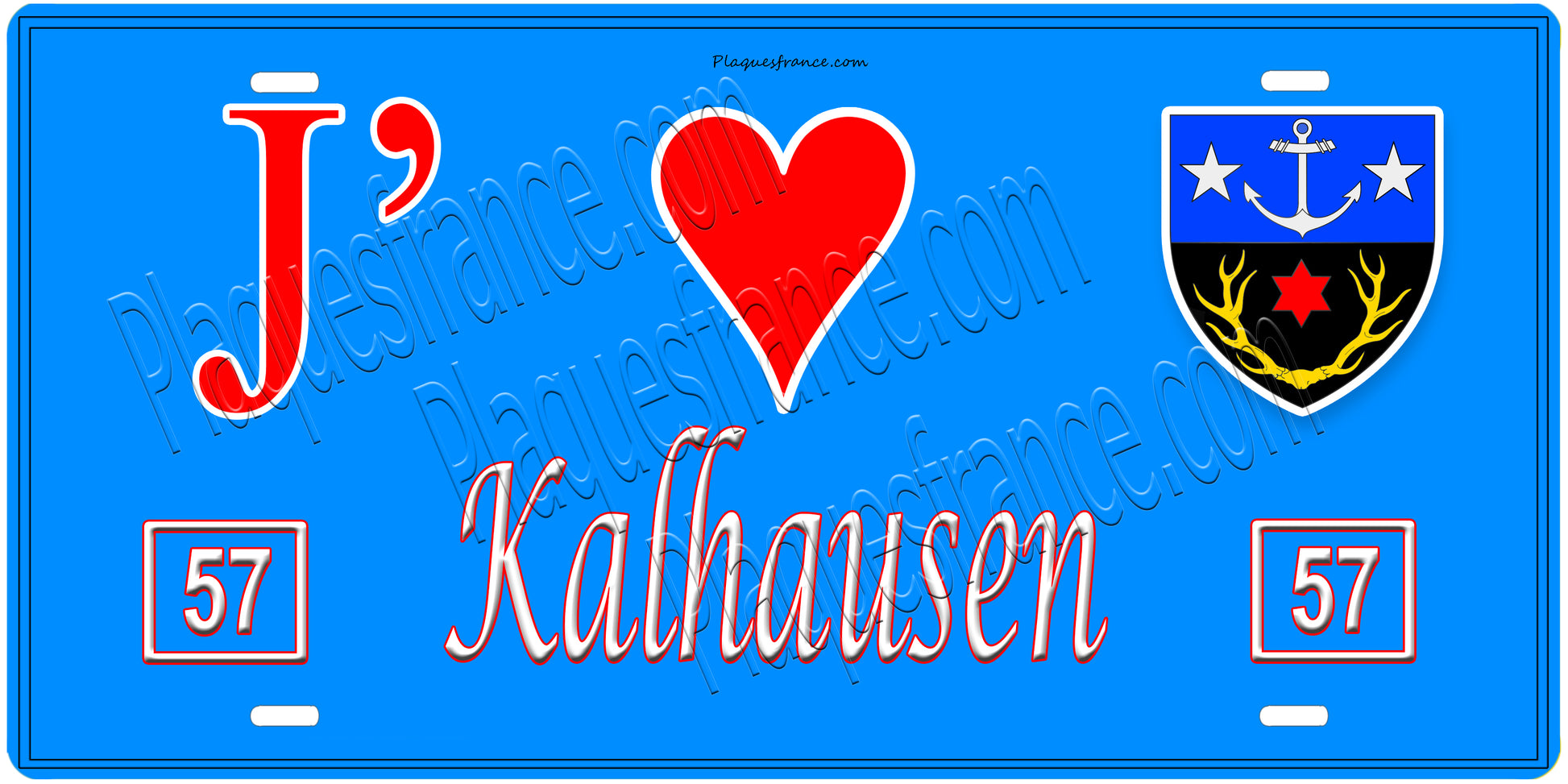 Plaque métal décorative, J'❤️Kalhausen, Moselle, fond mur bleu 57