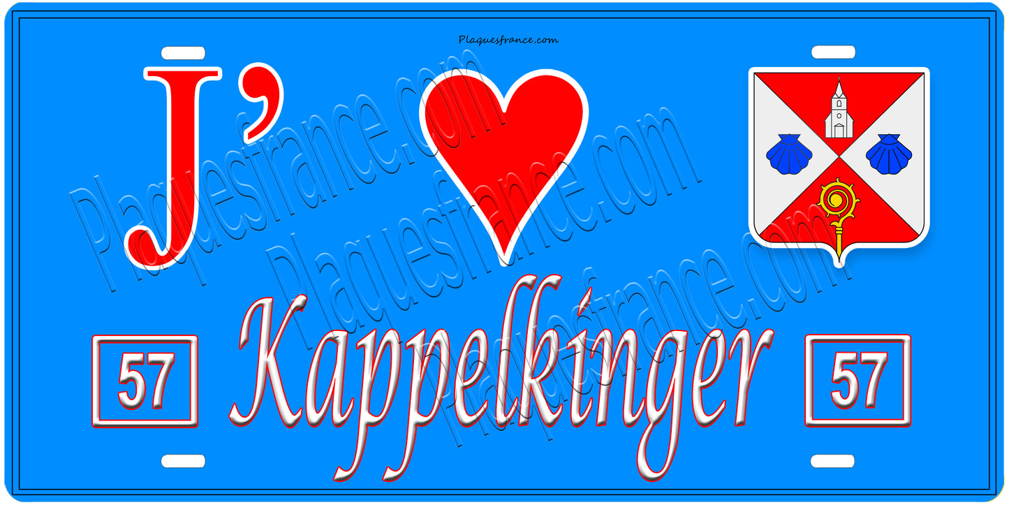Plaque métal décorative, J'❤️Kappelkinger, Moselle, fond mur bleu 57