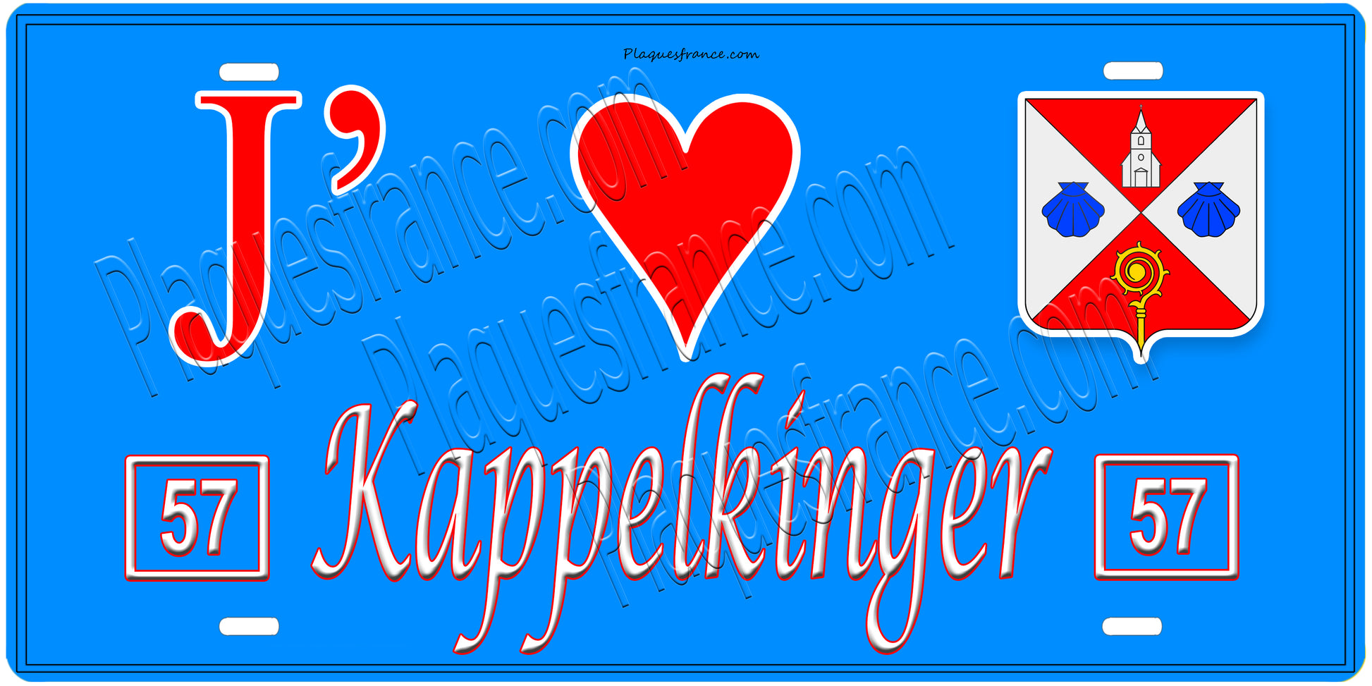 Plaque métal décorative, J'❤️Kappelkinger, Moselle, fond mur bleu 57