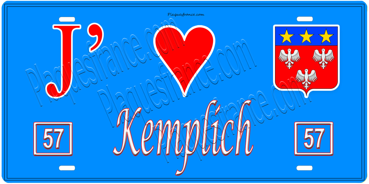 Plaque métal décorative, J'❤️Kemplich, Moselle, fond mur bleu 57