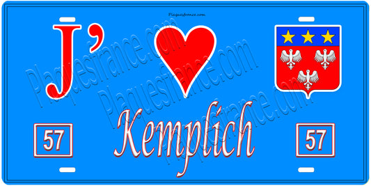 Plaque métal décorative, J'❤️Kemplich, Moselle, fond mur bleu 57