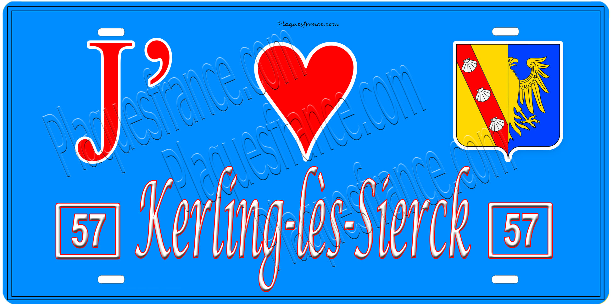 Plaque métal décorative, J'❤️ Kerling-lès-Sierck, Moselle, fond mur bleu 57