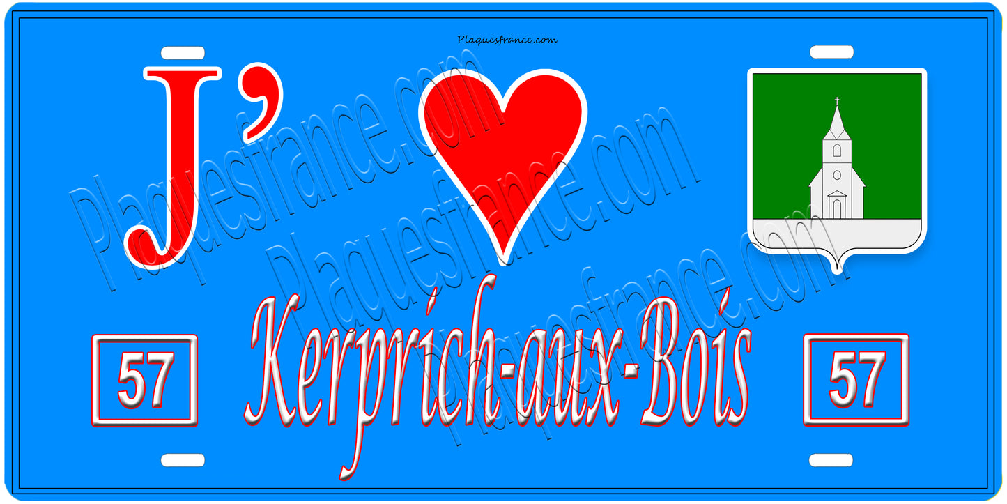 Plaque métal décorative, J'❤️Kerprich-aux-Bois, Moselle, fond mur bleu 57