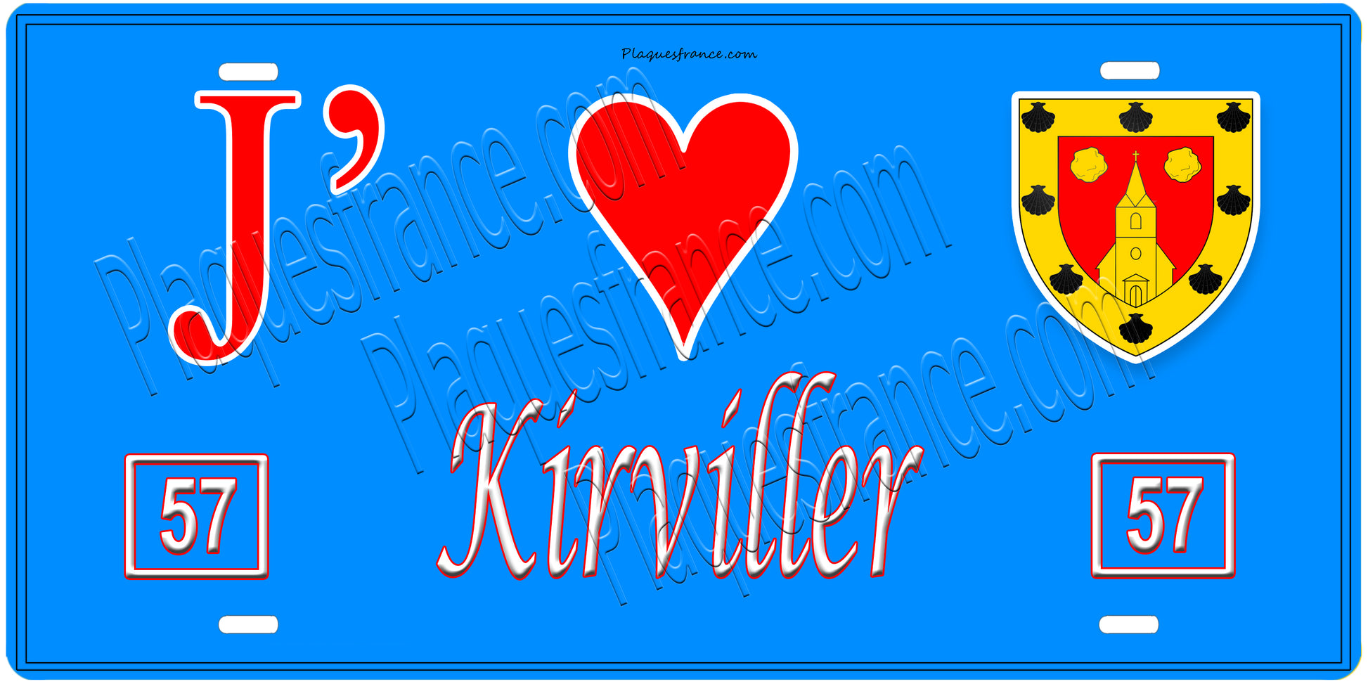 Plaque métal décorative, J'❤️Kirviller, Moselle, fond mur bleu 57