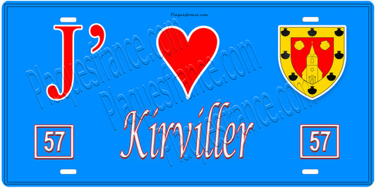 Plaque métal décorative, J'❤️Kirviller, Moselle, fond mur bleu 57