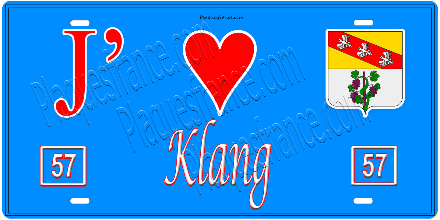 Plaque métal décorative, J'❤️Klang , Moselle, fond mur bleu 57