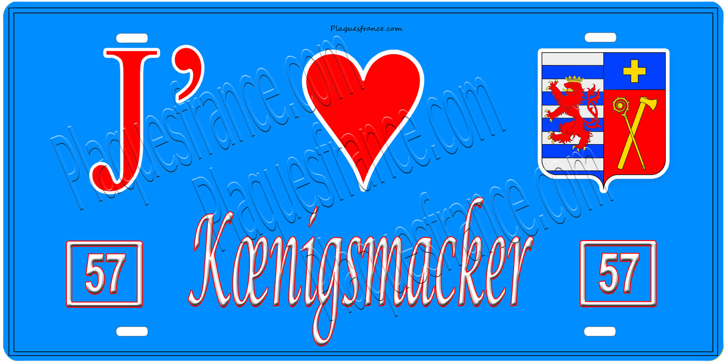 Plaque métal décorative, J'❤️Kœnigsmacker, Moselle, fond mur bleu 57
