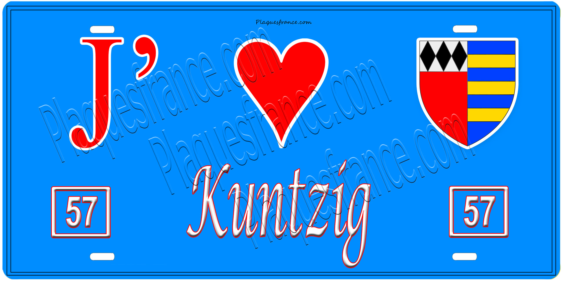 Plaque métal décorative, J'❤️Kuntzig, Moselle, fond mur bleu 57