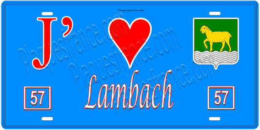 Plaque métal décorative, J'❤️ Lambach, Moselle, fond mur bleu 57
