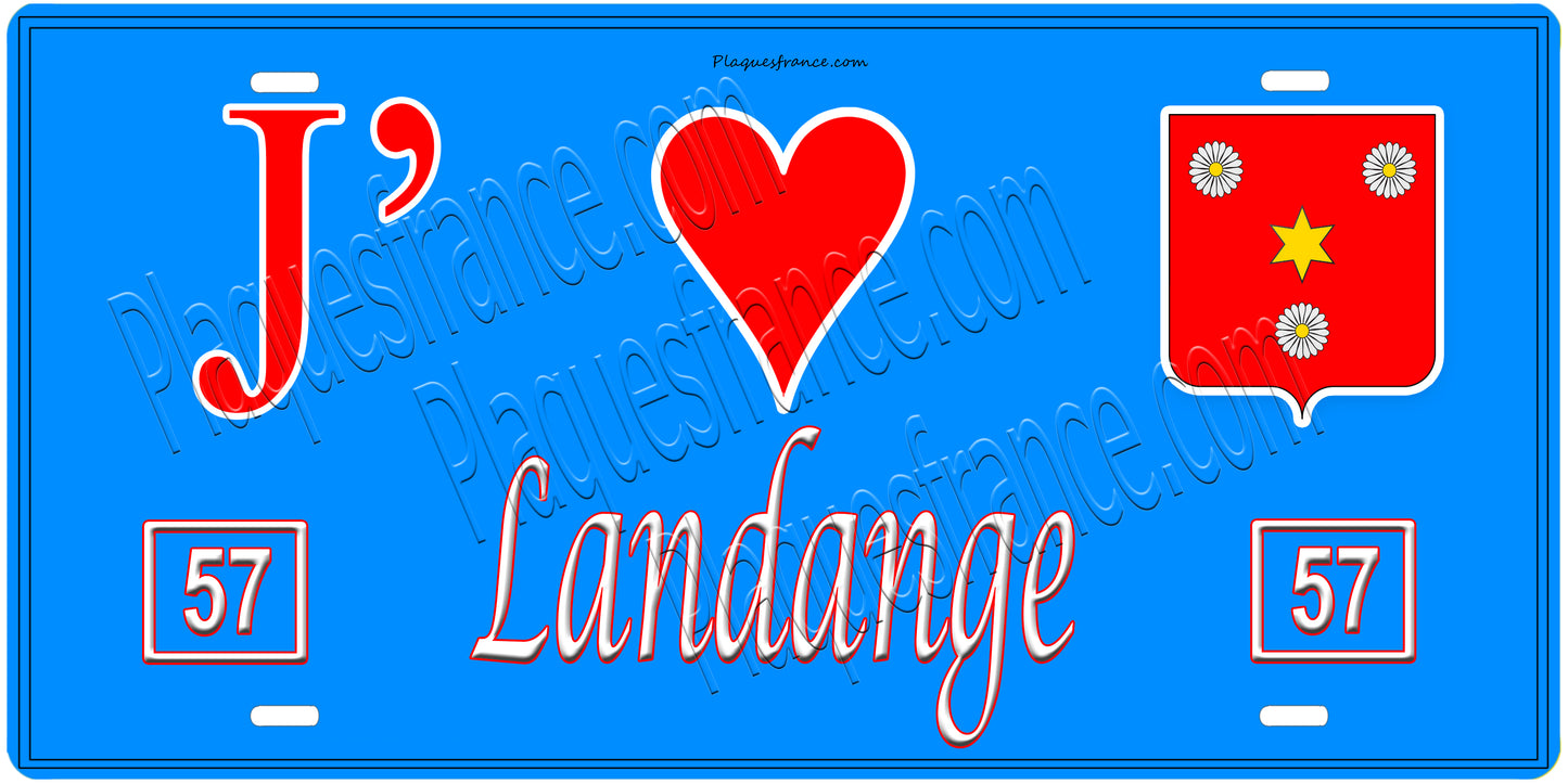 Plaque métal décorative, J'❤️Landange, Moselle, fond mur bleu 57