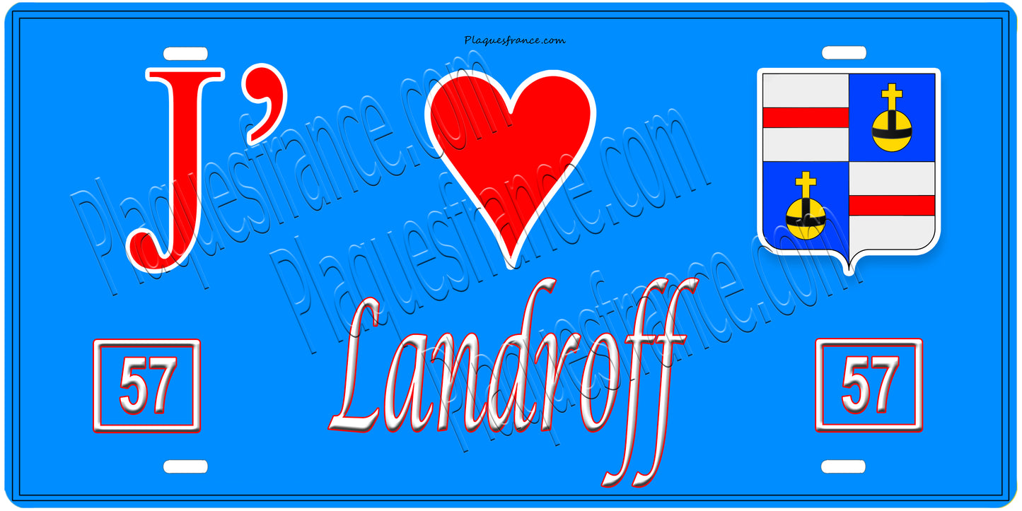 Plaque métal décorative, J'❤️Landroff, Moselle, fond mur bleu 57