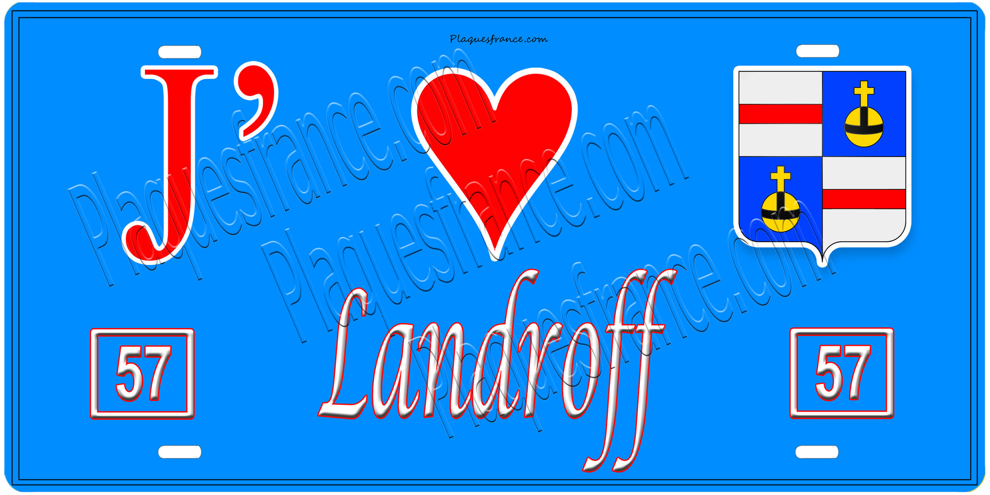 Plaque métal décorative, J'❤️Landroff, Moselle, fond mur bleu 57