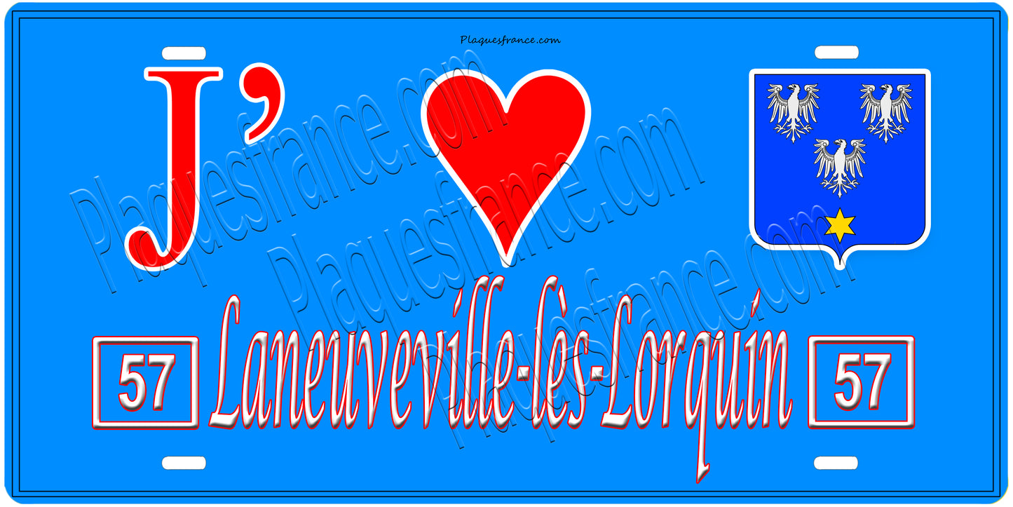 Plaque métal décorative, J'❤️Laneuveville-lès-Lorquin, Moselle, fond mur bleu 57