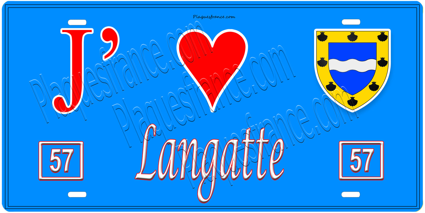 Plaque métal décorative, J'❤️Langatte, Moselle, fond mur bleu 57
