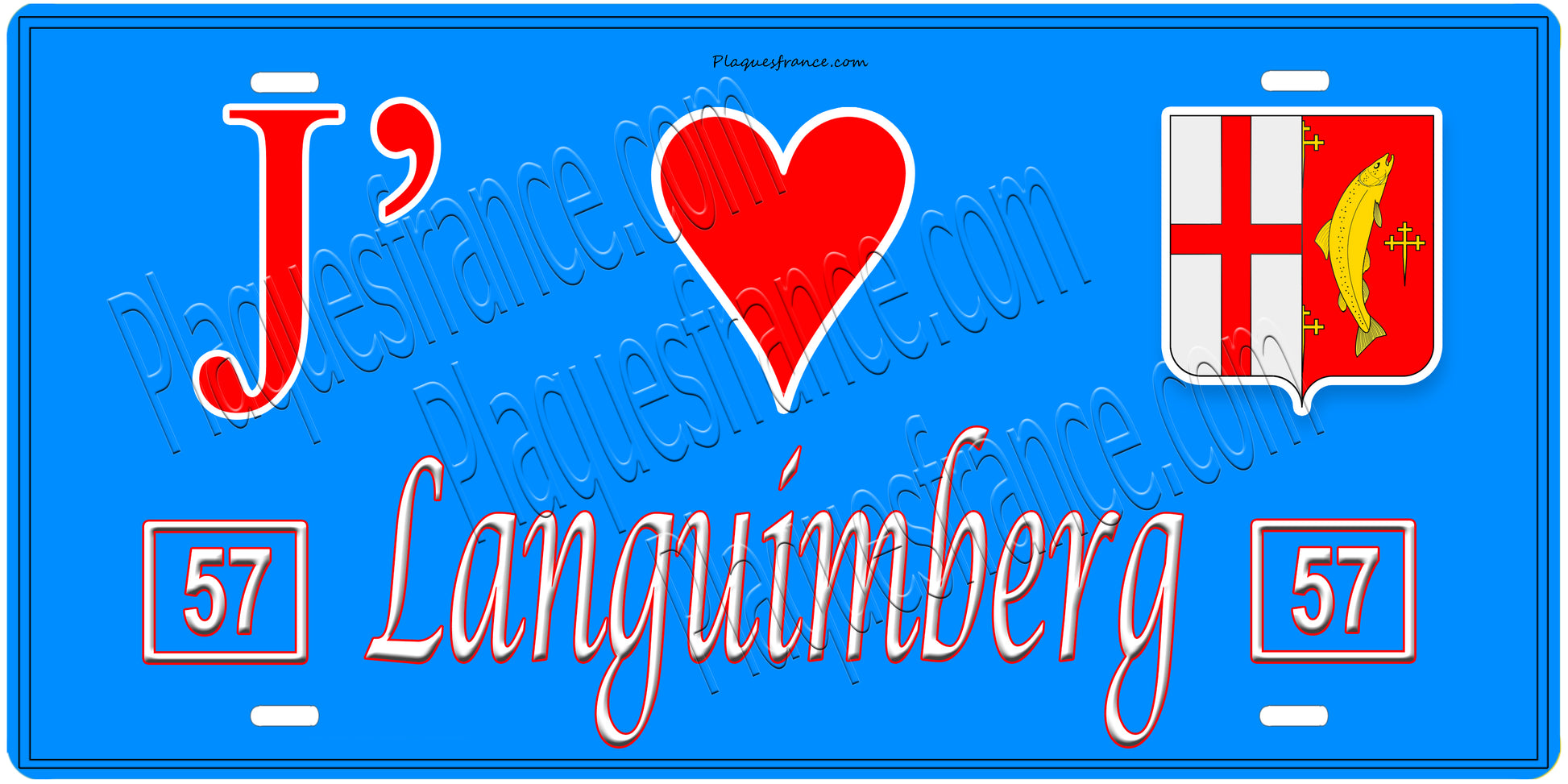 Plaque métal décorative, J'❤️Languimberg, Moselle, fond mur bleu 57