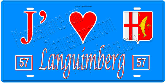 Plaque métal décorative, J'❤️Languimberg, Moselle, fond mur bleu 57