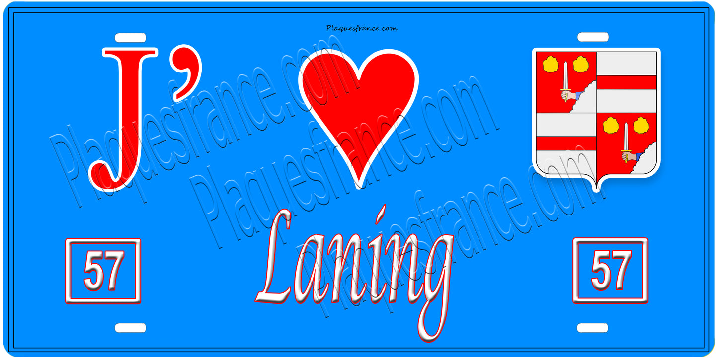 Plaque métal décorative, J'❤️Laning, Moselle, fond mur bleu 57