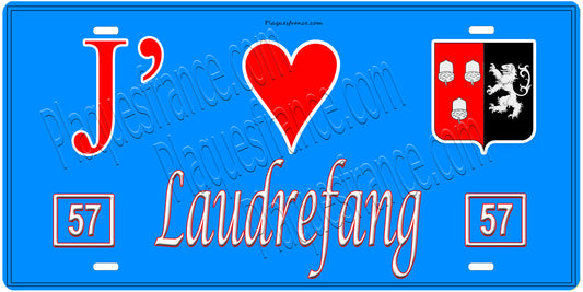 Plaque métal décorative, J'❤️Laudrefang, Moselle, fond mur bleu 57