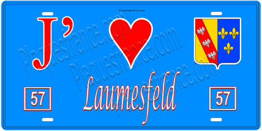 Plaque métal décorative, J'❤️ Laumesfeld, Moselle, fond mur bleu 57