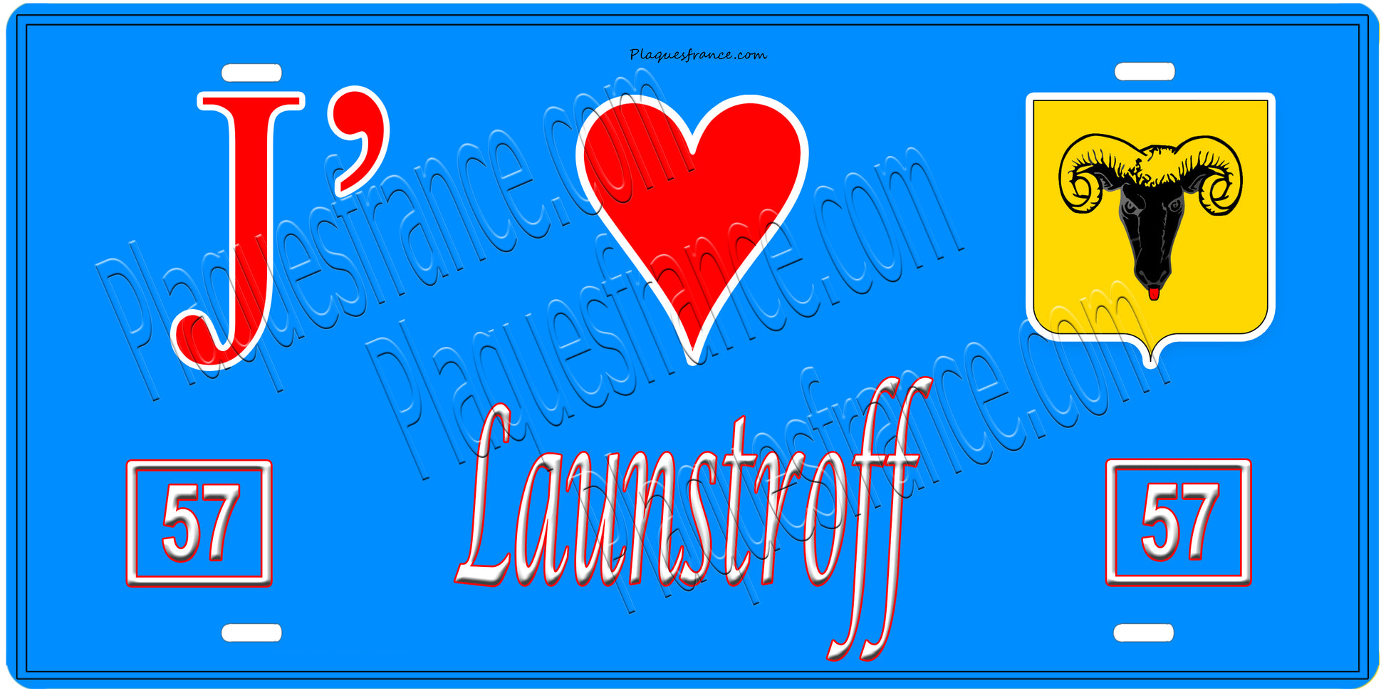 Plaque métal décorative, J'❤️ Launstroff, Moselle, fond mur bleu 57