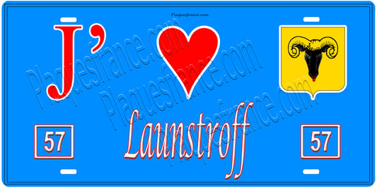 Plaque métal décorative, J'❤️ Launstroff, Moselle, fond mur bleu 57