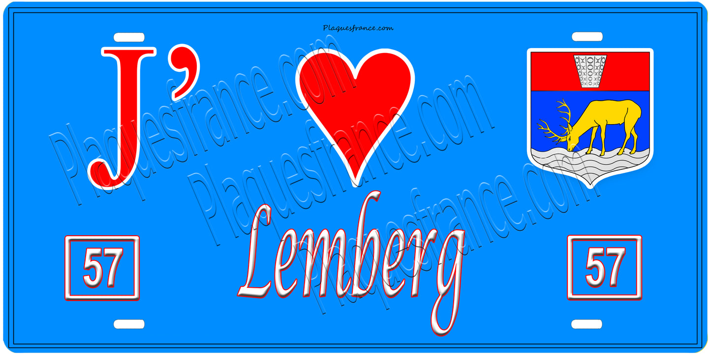 Plaque métal décorative, J'❤️ Lemberg, Moselle, fond mur bleu 57