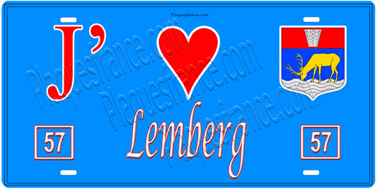 Plaque métal décorative, J'❤️ Lemberg, Moselle, fond mur bleu 57