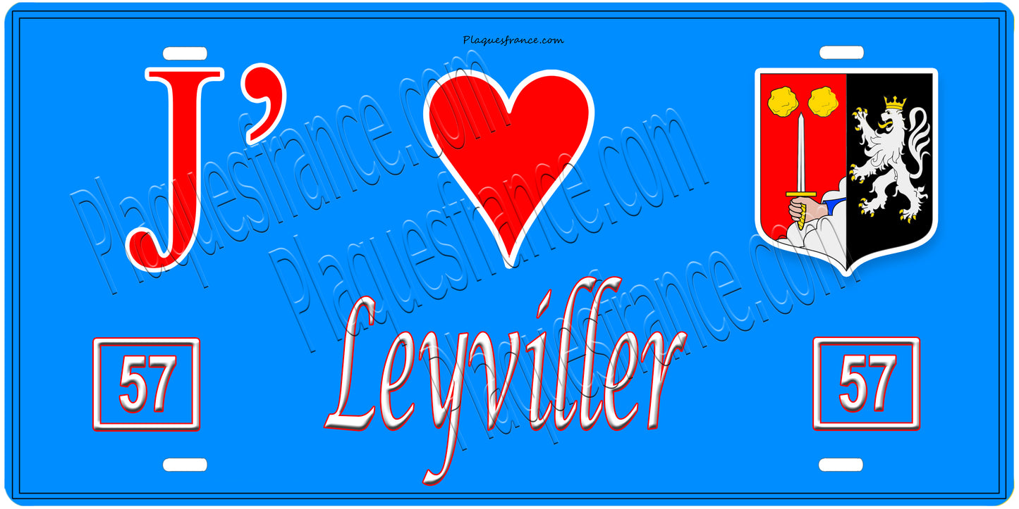 Plaque métal décorative, J'❤️Leyviller, Moselle, fond mur bleu 57