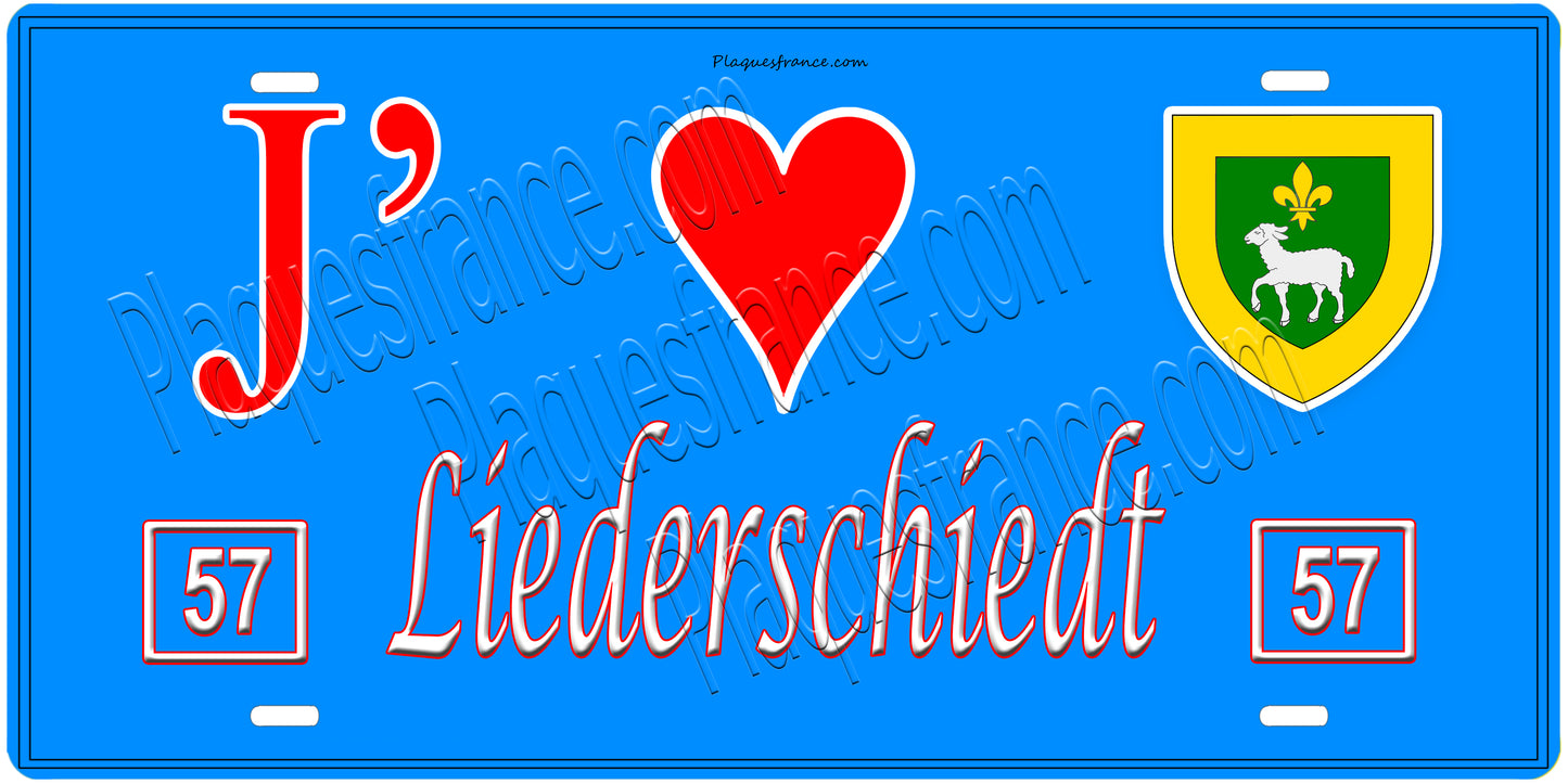 Plaque métal décorative, J'❤️ Liederschiedt, Moselle, fond mur bleu 57
