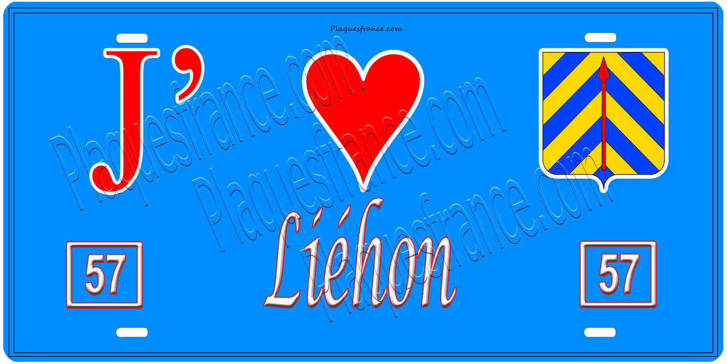 Plaque métal décorative, J'❤️Liéhon, Moselle, fond mur bleu 57