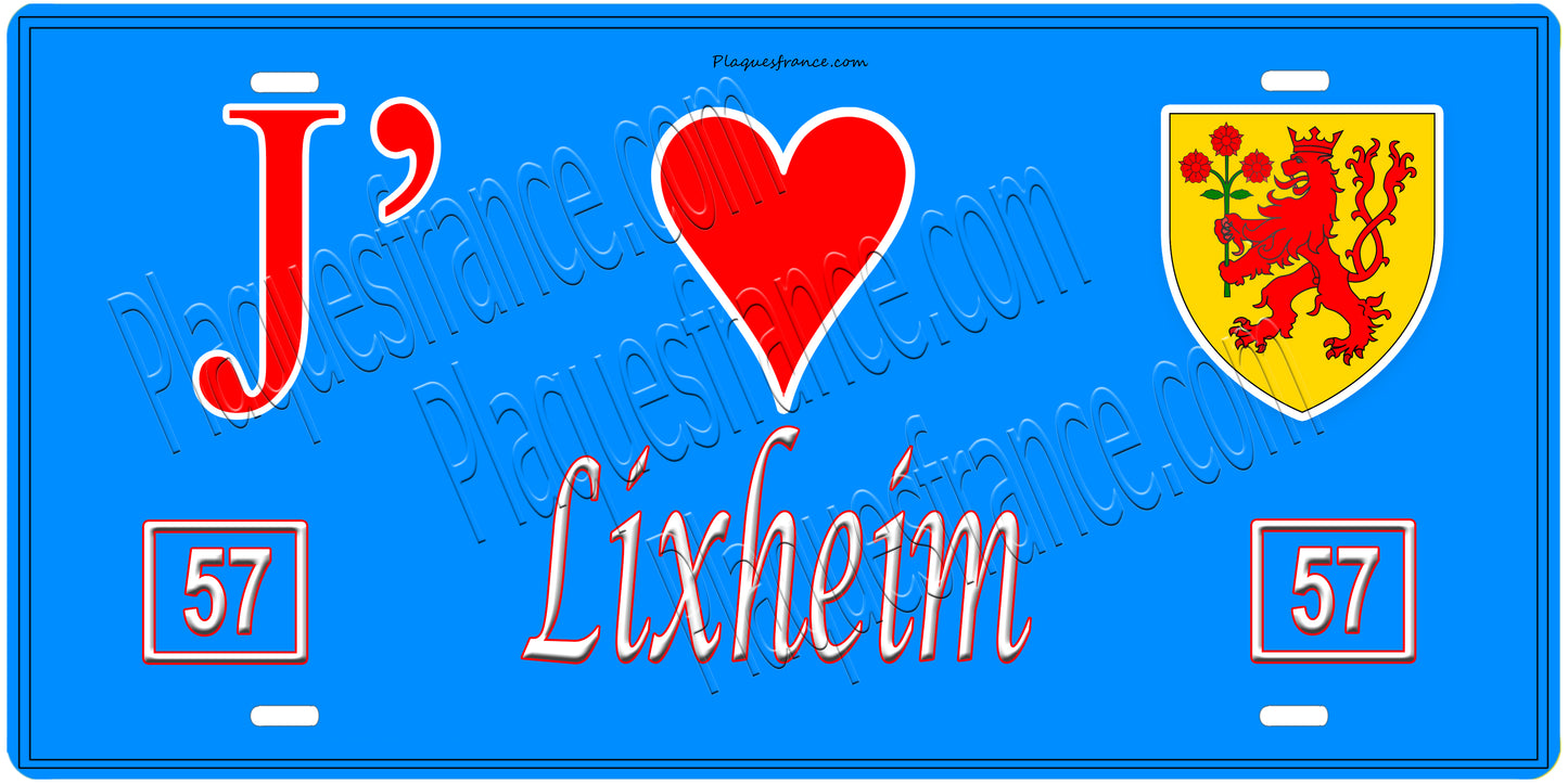 Plaque métal décorative, J'❤️Lixheim, Moselle, fond mur bleu 57