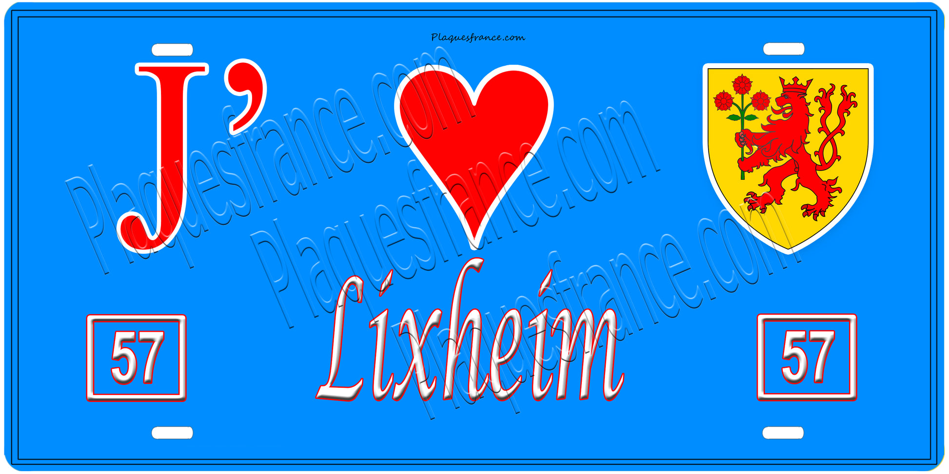 Plaque métal décorative, J'❤️Lixheim, Moselle, fond mur bleu 57