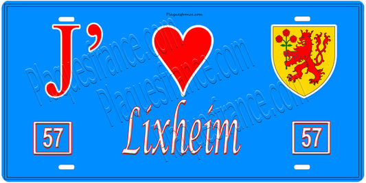 Plaque métal décorative, J'❤️Lixheim, Moselle, fond mur bleu 57