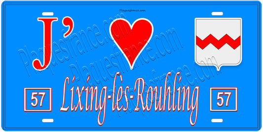 Plaque métal décorative, J'❤️Lixing-lès-Rouhling, Moselle, fond mur bleu 57