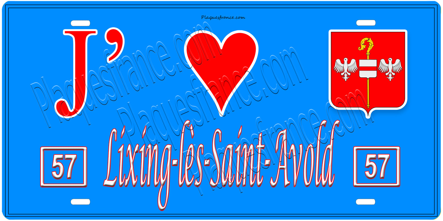 Plaque métal décorative, J'❤️Lixing-lès-Saint-Avold, Moselle, fond mur bleu 57