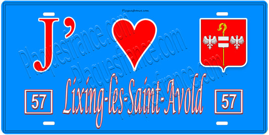 Plaque métal décorative, J'❤️Lixing-lès-Saint-Avold, Moselle, fond mur bleu 57