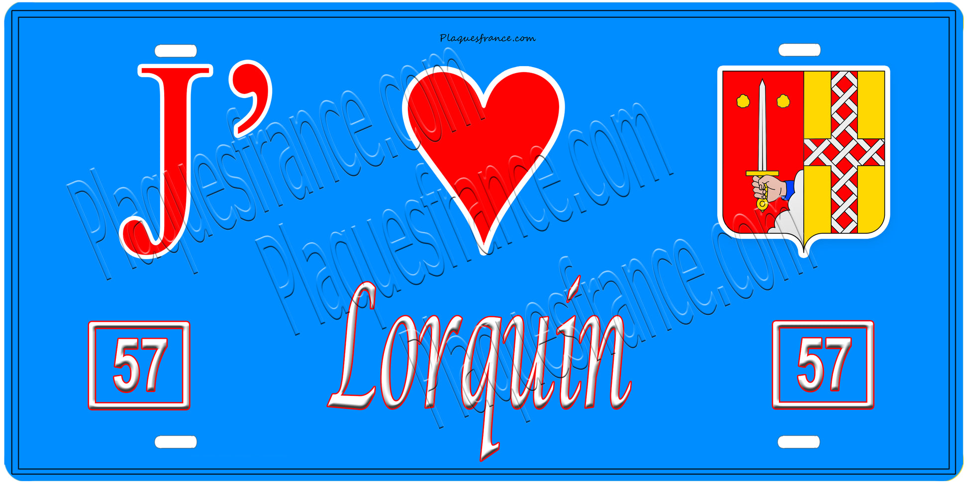 Plaque métal décorative, J'❤️Lorquin, Moselle, fond mur bleu 57