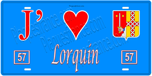 Plaque métal décorative, J'❤️Lorquin, Moselle, fond mur bleu 57