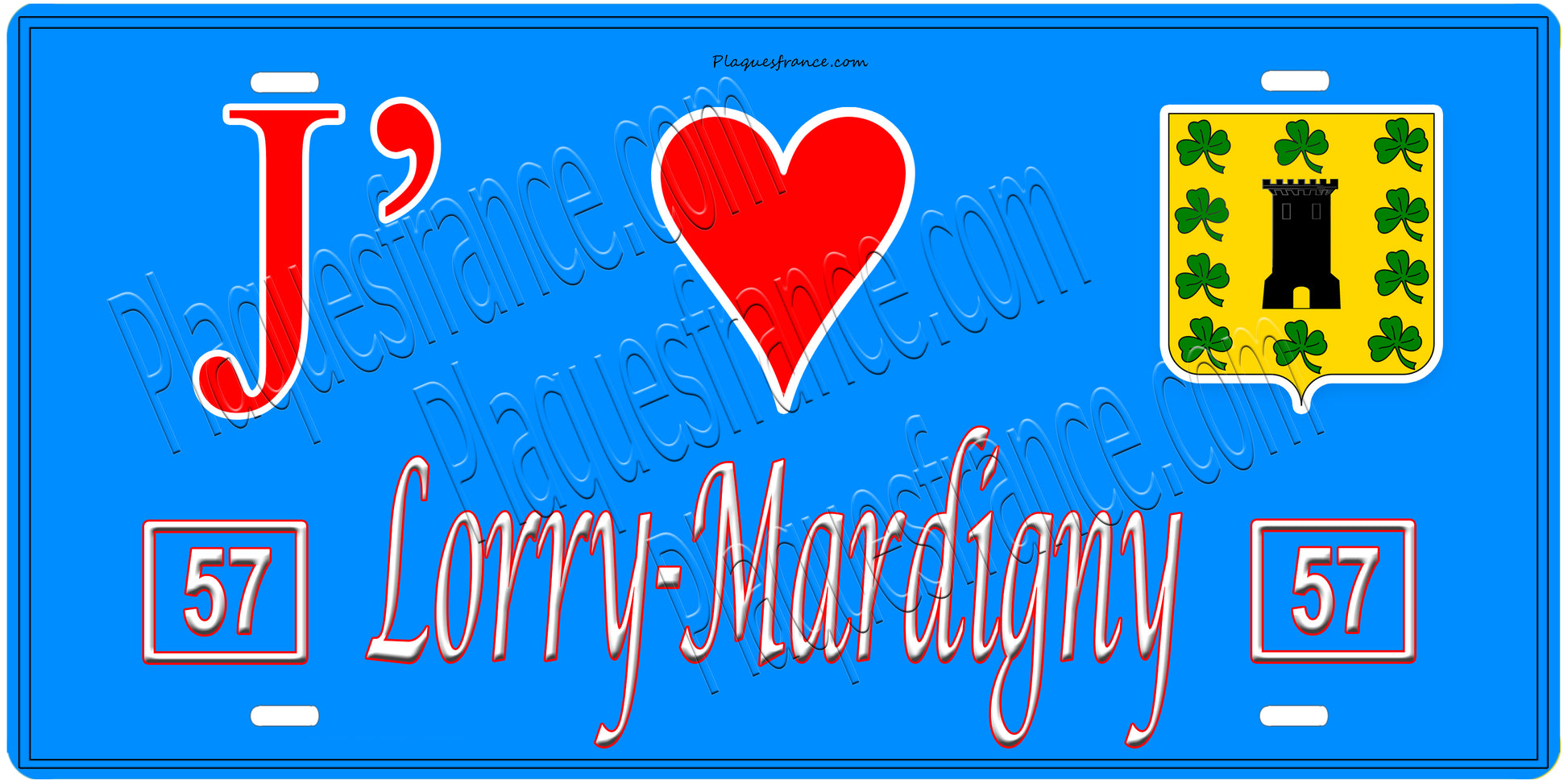 Plaque métal décorative, J'❤️ Lorry-Mardigny, Moselle, fond mur bleu 57