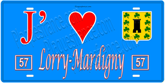 Plaque métal décorative, J'❤️ Lorry-Mardigny, Moselle, fond mur bleu 57
