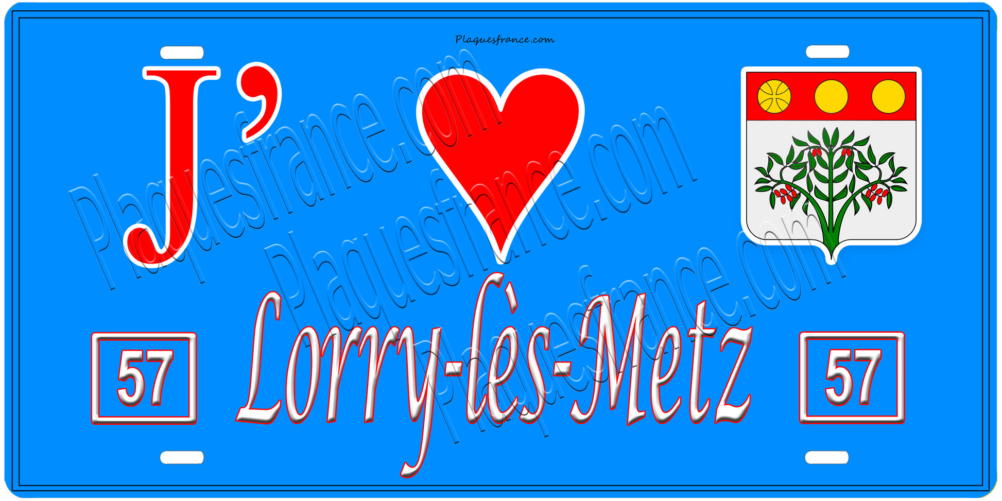 Plaque métal décorative, J'❤️ Lorry-lès-Metz, Moselle, fond mur bleu 57