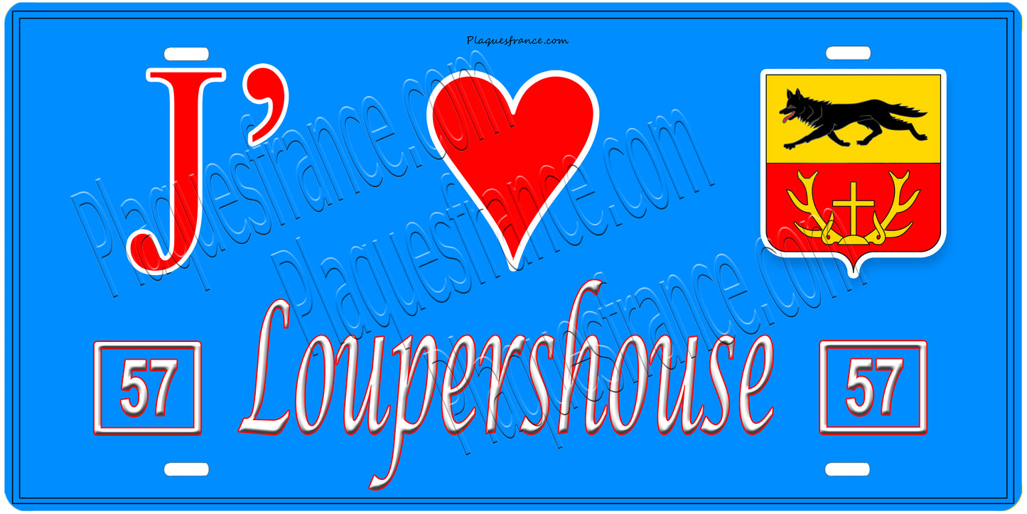 Plaque métal décorative, J'❤️Loupershouse, Moselle, fond mur bleu 57