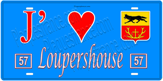 Plaque métal décorative, J'❤️Loupershouse, Moselle, fond mur bleu 57