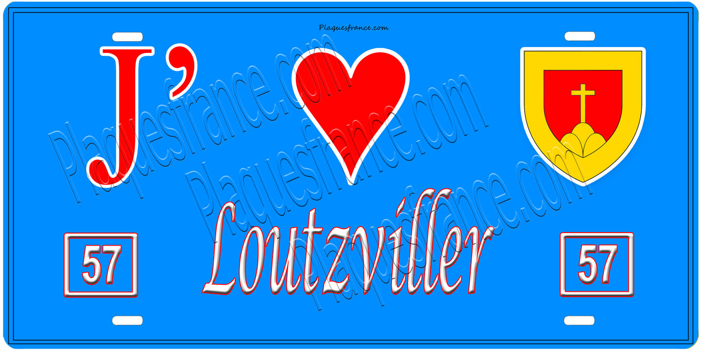 Plaque métal décorative, J'❤️ Loutzviller, Moselle, fond mur bleu 57