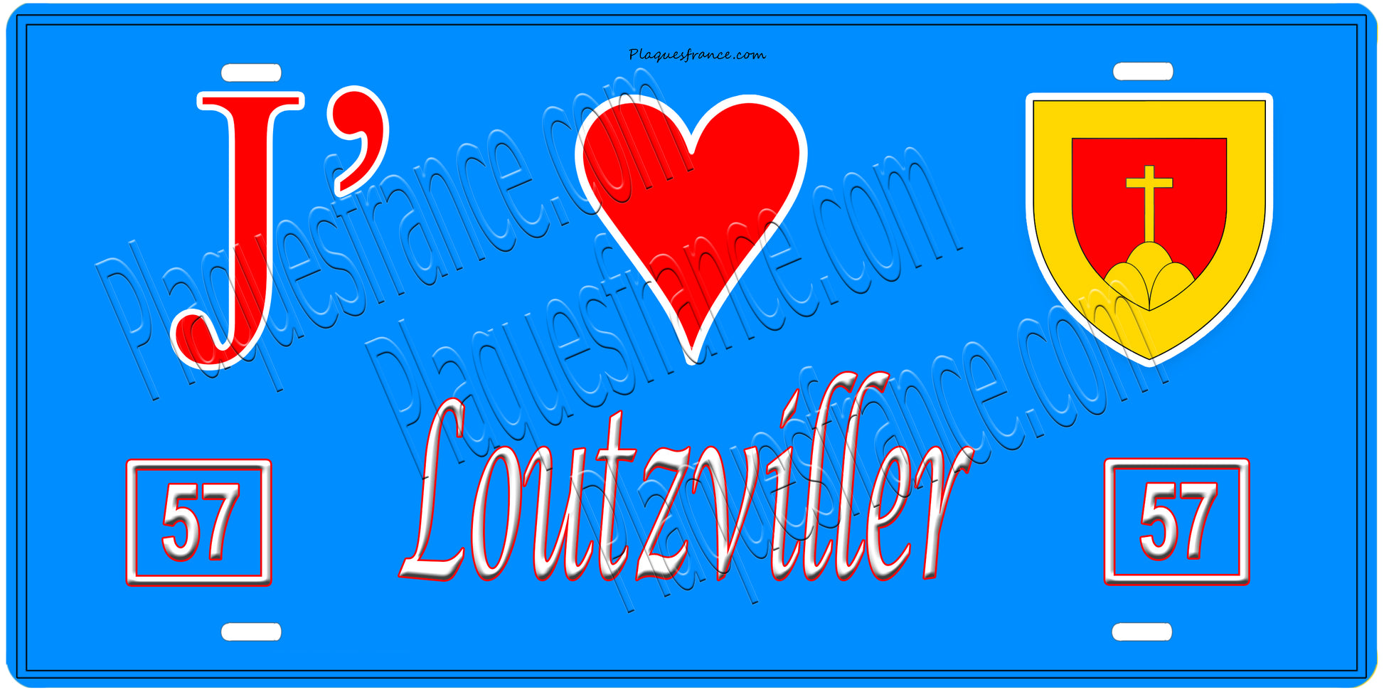 Plaque métal décorative, J'❤️ Loutzviller, Moselle, fond mur bleu 57